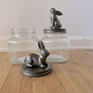 Pewter bunny glass jars.  8 inches tall.  4 inches wide.